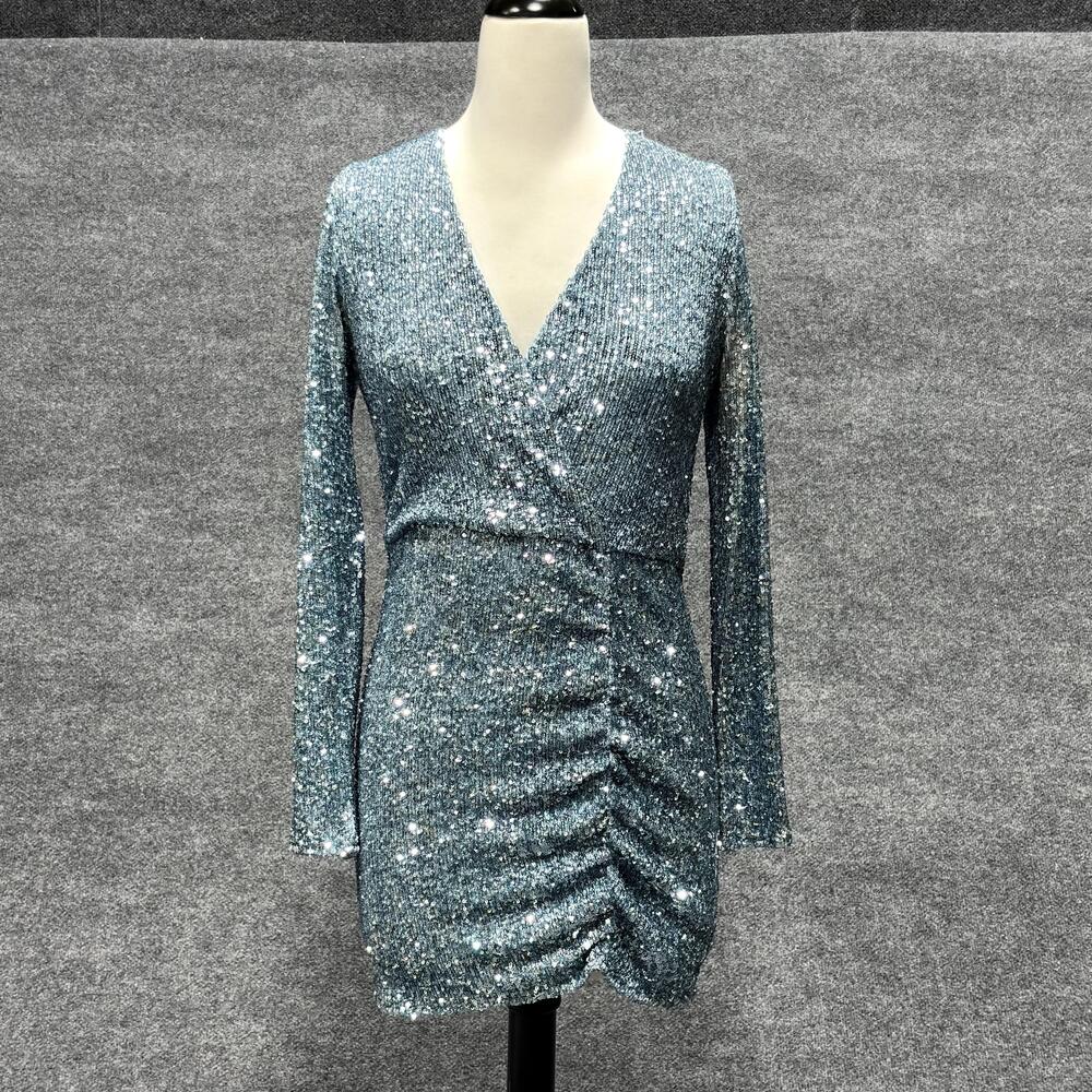 Show Me Your Mumu Dress Womens Small Blue Sequin Wrap Ruched Long Sleeve Mini